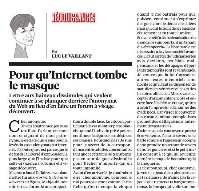 Lettre de Luc Le Vaillant, sur Libération, à charge contre l'anonymat
